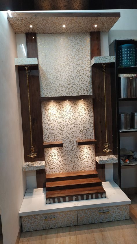 Devghar Interior Design, Devhara In Living Room, Pooja Ghr Ideas, Puja Room In Hall, Devghar Decoration Ideas, Devghar Design Small In Hall, Tample Degin For Home, Puja Room Tiles Design, Temples Design For Home