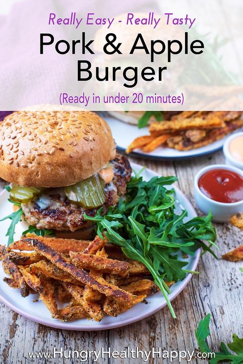 Bbq Pork Burgers, Pork And Apple Burgers, Pork Patties, Easy Homemade Burgers, Homemade Sweet Potato Fries, Homemade Burger Recipe, Apple Board, Packed Lunch Ideas, Healthy Food Prep