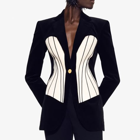 Schiaparelli Corset, Saint Laurent Spring 2023, Corset Blazer, Corset Jacket, Tailor Made Suits, Women's Shoes Accessories, Fitted Jacket, Woman Suit Fashion, Abaya Designs