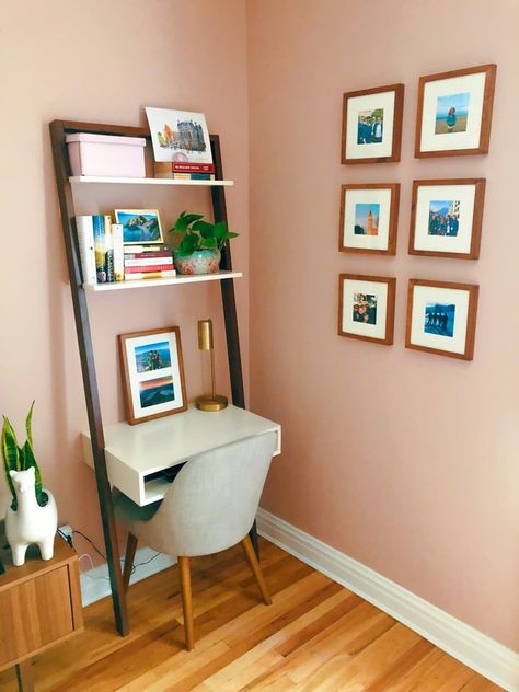 The Perfect Pink Creates a Calm WFH Space in This 800-Square-Foot Apartment Sedona Pink Behr, Behr Pink Paint Colors, Small Office Paint Colors, Living Room Office Combo, Wfh Space, Pink Home Office, Comfy Sectional, Desert Tones, Easy Home Improvement Projects