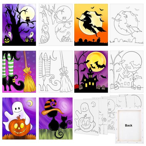 PRICES MAY VARY. Great for Halloween Sip and Paint Party - The package comes with 6 packs of pre-drawn canvas, 6 coloring guides, and 6 sets of uninstalled hooks, you can use your imagination and creativity to complete these canvas paintings. Premium Material - The canvases for painting are made of quality-friendly cotton material, and the frame is made of sturdy and reliable wood, which can be kept for a long time. Suitable Size - The pre-sketched canvases for painting size is 8"x10", they are How To Paint A Ghost On Canvas, Halloween Sip And Paint Ideas Party, Halloween Painting Party, Halloween Witch Painting, Halloween Sip And Paint Ideas, Halloween Paint And Sip, Simple Halloween Paintings, Seasonal Paintings, Pumpkin Canvas Painting