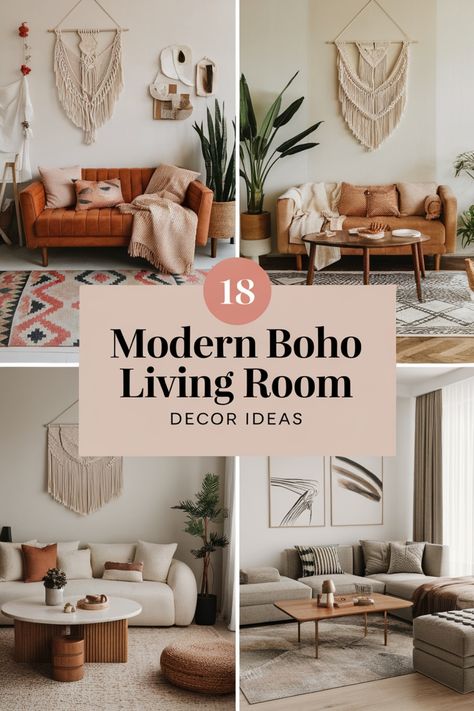 Modern boho living room with earthy tones, macramé wall hangings, and cozy textiles. Victorian Living Room Decor, Living Room Modern Boho, Modern Boho Living Room Decor, Boho Modern Living Room, Boho Living Room Decor Ideas, Western Living Room Decor, Modern Boho Farmhouse, Earthy Elements, Cozy Textiles