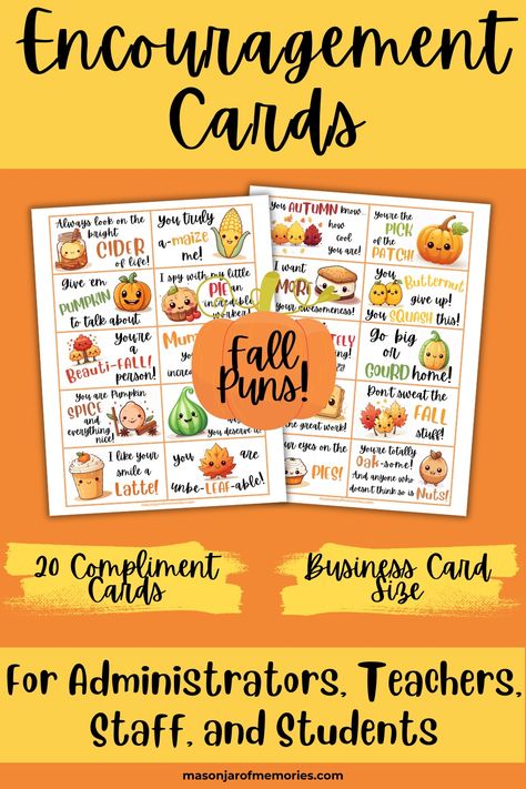 Fall Puns Morale Booster for Schools! Picture shows Fall Pun Compliment Cards for Administrators, Teachers, Staff and Students. The Fall Puns Compliment Cards are the size of business cards and include Fall Puns and adorable Fall graphics. Fall Themed Staff Appreciation, Staff Morale Booster, Fall Puns, Teacher Morale, Morale Boosters, Compliment Cards, Staff Morale, Fun Educational Activities, Fine Motor Skills Development