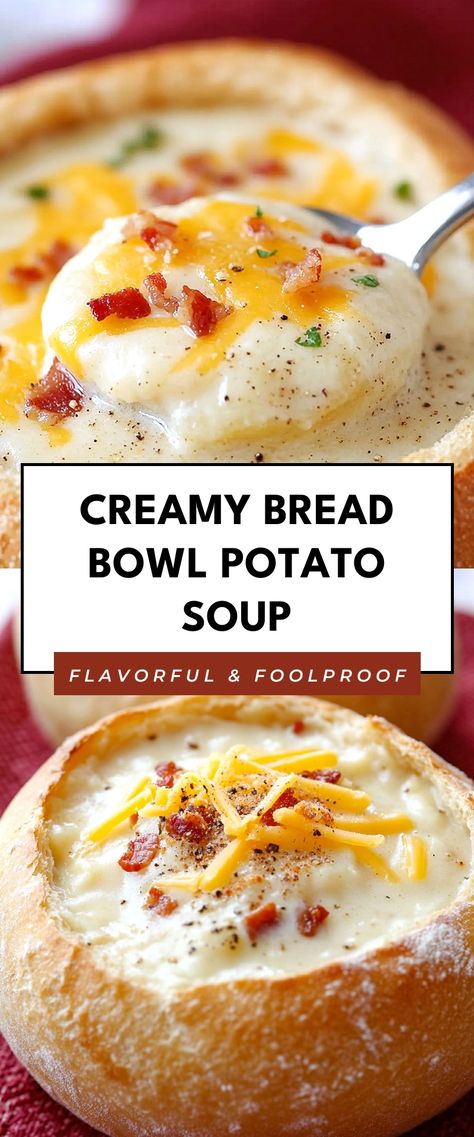 Image for Creamy Bread Bowl Potato Soup Potato Soup In Bread Bowl, What To Put In Bread Bowls, Soup Bowls Bread, Bread Bowls Soup Recipe, Breads For Soup, How To Make Bread Bowls For Soup, Best Soups For Bread Bowls, Bread Bowl Soup Ideas, Soups For Bread Bowls