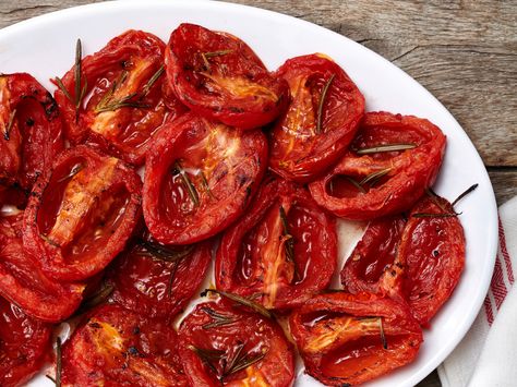 Smoked Tomatoes recipe from Food Network Kitchen via Food Network Smoked Vegetables, Oven Dried Tomatoes, Bradley Smoker, Smoked Tomatoes, Food Network Chefs, Fresh Tomato Recipes, Smoker Cooking, Tomatoes Recipe, Smoked Meats