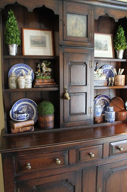 Large Hutch, Bookshelf Style, Shelf Detail, Pine Hutch, Blue And White Dishes, Tiny Office, Large Hallway, Kitchen Hutch, Hutch Decor