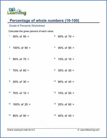 Grade 6 math worksheets on percentage of whole numbers. Free pdf worksheets from K5 Learning's online reading and math program. Whole Numbers Worksheet Grade 6, Percentage Worksheets Grade 5, Percentages Math Worksheets Grade 6, Grade 5 Math Worksheets Free Printable, Percentages Math Worksheets, 9th Grade Math Worksheets, Percentage Of A Number, Year 7 Maths Worksheets, Percent Of A Number