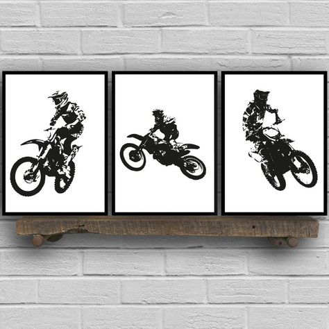 Motocross Bedroom Decor, Motocross Boys Room, Painting Boys Room, Motocross Room, Dirt Bike Bedroom, Motocross Bedroom, Racing Bedroom, Black And White Motorcycle, Boys Bedroom Modern