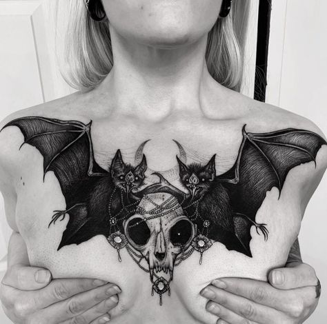 Bat Chest Tattoo, Tattoo With Wings, Skull Collar, Gotik Tattoo, Bone Tattoo, Goth Tattoo, Bone Tattoos, Bat Tattoo, Chest Piece Tattoos