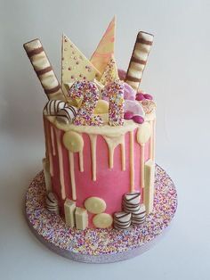 Sweetie Cake Birthday, Pink Drip Cake Birthday, Sweetie Birthday Cake, Drip Cake Ideas, Pink Drip Cake, Birthday Drip Cake, Sweetie Cake, Candy Birthday Cakes, 21st Cake