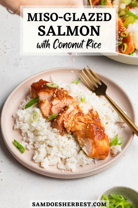 Salmon And Coconut Rice, Salmon With Coconut Rice, White Rice Dishes, Coconut Jasmine Rice, Coconut Milk Rice, Miso Glazed Salmon, Ginger Salmon, Miso Salmon, Salmon Soy Sauce