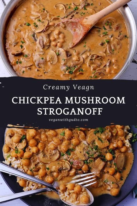 Creamy chickpea and mushroom vegan stroganoff is an easy and delicious dairy-free recipe that you can make in 45 minutes and includes homemade sour cream options using cashew cream or nut-free sunflower seed sour cream. Vegetarian Mushroom Stroganoff, Plant Based Mushroom Recipes, Chickpea Stroganoff, Mushroom Vegetarian Recipes, Chickpea Meals, Dairy Free Dinner Recipes, Vegan Mushroom Recipes, Vegan Recipes Dinner, Vegan Stews