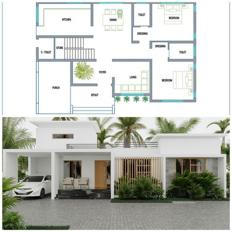 Kerala House Plan And Elevation, Kerala Small House Design, Two Bhk House Plan, 2bhk House Plan With Elevation, Kerala Home Interiors, Kerala House Interior, Home Plans Indian, 2bhk House Design, 2bhk Plan