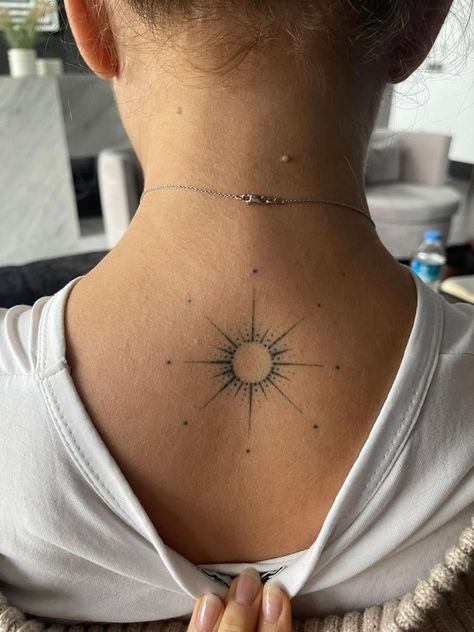 Sun Tattoo Behind Neck, Sun On Back Of Neck Tattoo, Sun Tattoo On Back Of Neck, Sun Lower Back Tattoo, Sun Back Tattoo Women, Celestial Back Tattoo, Sun Tattoo Back, Sun Back Tattoo, Tattoo Sonne