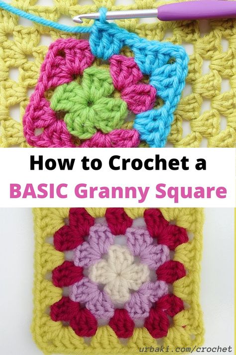 How to crochet a granny square. Step by step instructions for crocheting the basic traditional granny square. Includes how to change color in granny squares.    Learn easily this crochet technique that will serve you for an infinity of projects, enjoy it!    #crochet #grannysquare #crochetgranny #crochettechniques #freecrochet #freecrochetpattern #urbaki #urbakicrochet Easy Granny Square For Beginners Free Pattern, Grannies Crochet Squares Free Pattern, Crochet Granny Square Instructions, How Do You Crochet A Granny Square, Changing Colors In Crochet Granny Square, Granny Square Basic Pattern, How To Change Colors In Crochet Granny Squares, Beginners Granny Squares Crochet Tutorials, How Crochet Granny Square