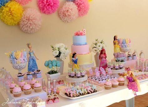 Disney Princess Party dessert table | Disney Princess Party via Kara's Party Ideas | Kara'sPartyIdeas.com # ... Disney Princess Birthday Party Table Set Up, Princess Party Candy Table, Disney Princess Snack Ideas, Disney Princess Table Setting, Princess Party Table Setting, Disney Princess Treats Dessert Tables, Disney Princess Desserts, Princess Table Decorations, Princess Birthday Food