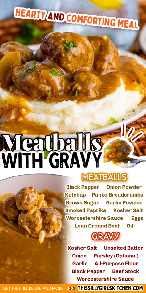 Meatballs With Gravy Easy, Meatball Recipes Gravy, Meatball In Gravy Recipes, Meatballs With Rice And Gravy, Meatball Gravy Recipe Easy, Uses For Meatballs, Meatball With Gravy, Meatball Mix Recipes, Saucy Meatballs Recipe