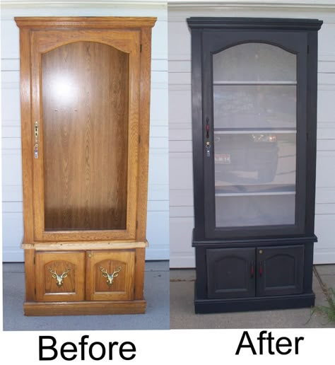 Hi again, here's the second thrift store gun cabinet that I repurposed. New hardware, new shelves, new plexiglass, and chalk paint from Rust... Corner Curio Cabinet Ideas, Curio Cabinet Ideas, Curio Makeover, Refurbished Bookcase, Painted Curio Cabinets, Curio Cabinet Makeover, Corner Curio Cabinet, Corner Curio, Basement Decorating Ideas