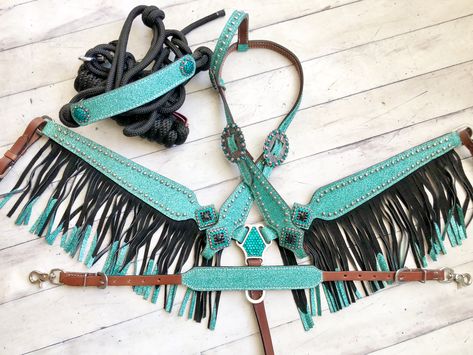 Teal Glitter Fringe Tack Set Cowgirlbarnandtack.com Teal Horse Tack, Barrel Racing Tack Sets, Barrel Racing Tack Rodeo, Bling Horse Tack, Barrel Racing Saddles, Wither Strap, Horse Halters, Barrel Racing Tack, Horse Show Clothes