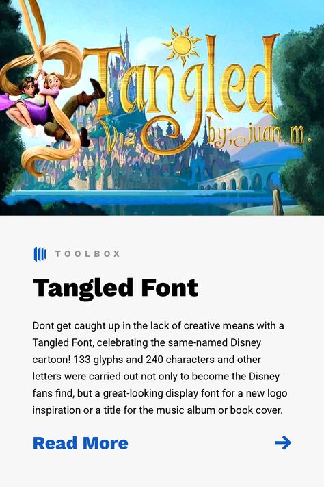 Dont get caught up in the lack of creative means with a Tangled Font, celebrating the same-named Disney cartoon! 133 glyphs and 240 characters and other letters were carried out not only to become the Disney fans find, but a great-looking display font for a new logo inspiration or a title for the music album or book cover. Tangled Logo, Tangled Font, Cinderella Font, Mickey Font, Disney Font, Magic House, Cartoon Font, Text Layout, Title Design