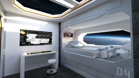 spaceship crew room Spaceship Interior Bedrooms, Spaceship Bedroom, Sci Fi Bedroom, Spaceship Room, Sci Fi Room, Futuristic Room, Futuristic Bedroom, Modern Mythology, Science Aesthetic