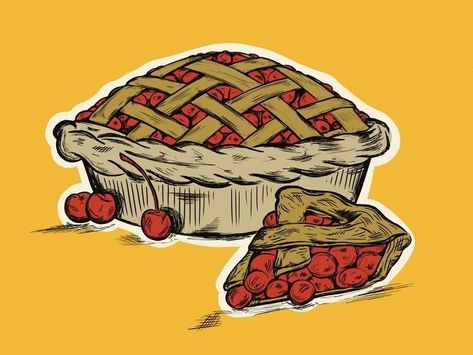 Strawberry Pie Drawing, Strawberry Pie Illustration, Cherry Pie Art, Pie Art Illustration, How To Draw A Pie, Cherry Pie Illustration, Pie Side View, Cherry Pie Drawing, Cherry Pie Tattoo