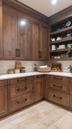 Kitchen Wood Color Cabinets, Painted Cabinets With Wood Countertop, Classic Wood Cabinets Kitchen, Accent Cabinets In Kitchen, Dark Wood Kitchen Inspiration, Wood Cabinets Before And After, Wood Effect Kitchen Cabinets, Paint Colors That Go With Dark Wood Cabinets, Kitchen Flooring Dark Cabinets