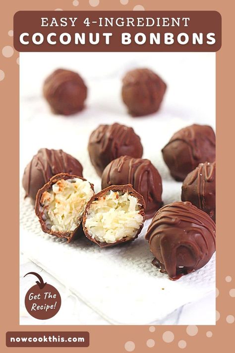 These easy chocolate covered coconut balls (bonbons) are have a sweet, soft and chewy coconut filling covered with creamy milk chocolate. And you need only 4 simple ingredients to make these incredibly delicious bite-sized homemade candies that taste like a Mounds bar...but better! They're perfect for Easter, other holidays and special occasions, or whenever you want a sweet treat! Get the recipe and try them! Chocolate Covered Coconut Balls, Coconut Bonbons, Coconut Bon Bons, Chocolate Covered Coconut, Mounds Bar, Bon Bons Recipe, Coconut Filling, Homemade Truffles, Coconut Balls