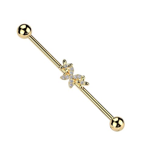 PRICES MAY VARY. STYLE: Triple Butterfly with CZ Crystals Industrial Barbell MATERIAL: 316L stainless steel, brass, and cubic zirconia crystals GAUGE/BAR THICKNESS: 14GA (1.6mm) BARBELL LENGTH: 1&1/2" (38mm) BALL SIZE: 5mm Industrial Bar Jewelry, Crystal Gauges, Industrial Bar, Industrial Barbell, Industrial Piercing, Bar Jewelry, Girls Best Friend, Cubic Zirconia, Gold Tones