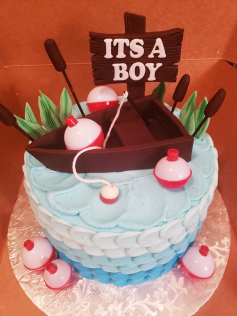 Fishing Baby Shower Food, Fishing Theme Baby Shower Cake, Fishing Baby Shower Cake, Fish Themed Baby Shower Ideas, Boat Cake Topper, Fishing Baby Shower, Fishing Baby Shower Theme, Excited Baby, Baby Boy Sprinkle