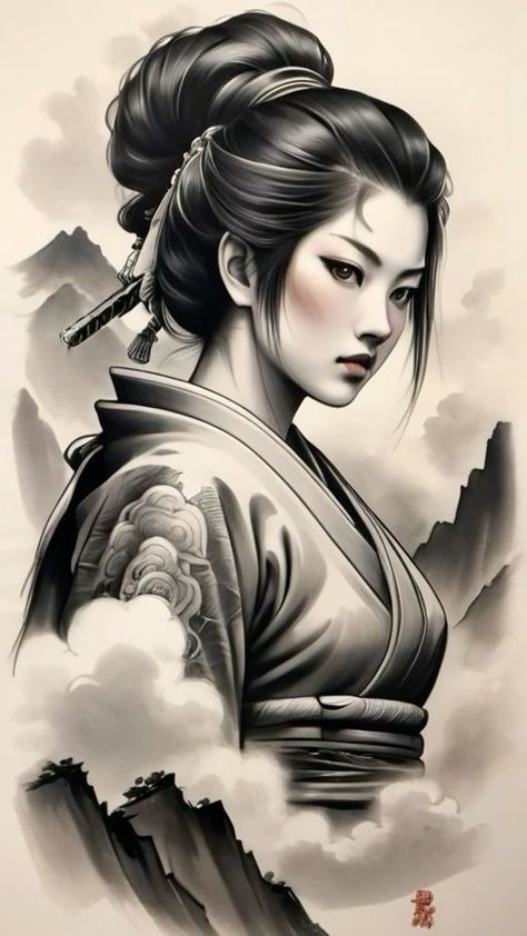 Japanese Artwork Tattoo, Japanese Tattoo Art Geisha, Female Samurai Tattoo, Japanese Girl Tattoo, Japanese Geisha Drawing, Tato Geisha, Japanese Geisha Tattoo, Geisha Drawing, Geisha Tattoo Design