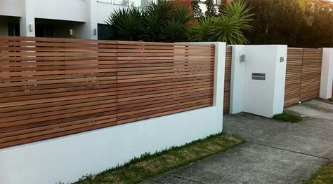 Fenced Front Courtyard Ideas, Courtyard Fencing, Stucco And Wood Fence, Concrete And Wood Fence Modern, Wooden Fence Around Pool, Modern Wood Fence Lowe's, Horizontal Wood Fence On Brick Wall, Yard Privacy, Home Fencing