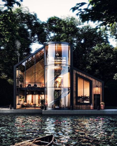 Millionaire Surroundings 🎩 on Instagram: “The loft house 🏠 This unique project is built on the riverside, over 3 floors. The study being on the top floor, bedroom on the first and…” Loft House Design, Loft House, Luxury Homes Dream Houses, Luxury House Designs, House Architecture Design, Dream House Exterior, Glass House, Modern House Exterior, House Designs Exterior