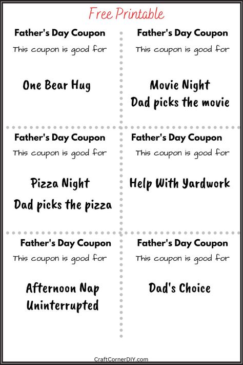 Free printable Father's Day coupons. Father’s Day Gifts Printable, Fathers Day Coupons, Coupon Book For Dad, All About Dad Free Fathers Day Printable, Free Father’s Day Printables For Kids, Father’s Day Coupon Printable, Father’s Day Card Printable Grandpa, Free Coloring Pictures, Bff Gifts Diy