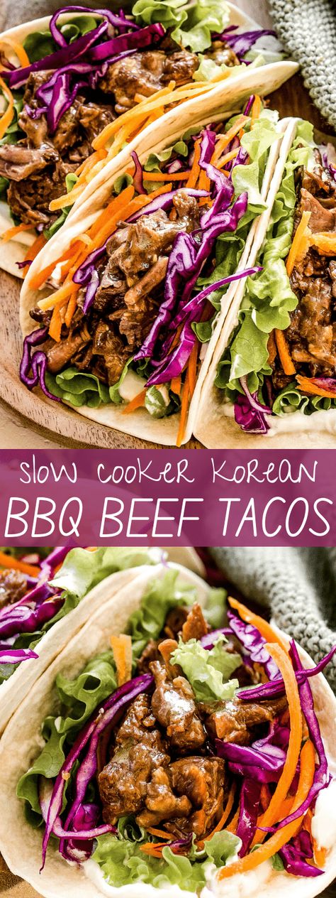 Slow Cooker Korean Bbq, Bbq Beef Tacos, Crockpot Beef Tacos, Korean Bbq Tacos, Diethood Recipes, Korean Beef Tacos, Slow Cooker Korean Beef, Korean Bbq Beef, Bbq Recipe