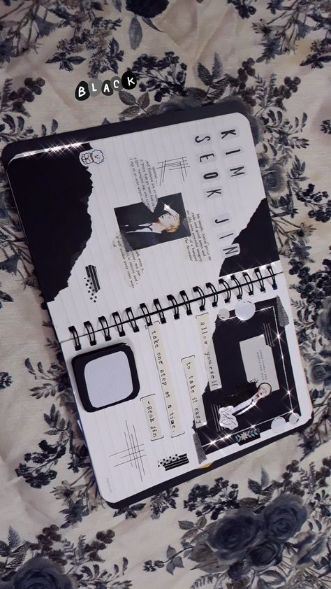 Black Journal Aesthetic Ideas, Jin Journal, Bts Dairy, Bts Diary, Kpop Journaling, Black Journal, Black Journals, Aesthetic Journal, Diary Ideas