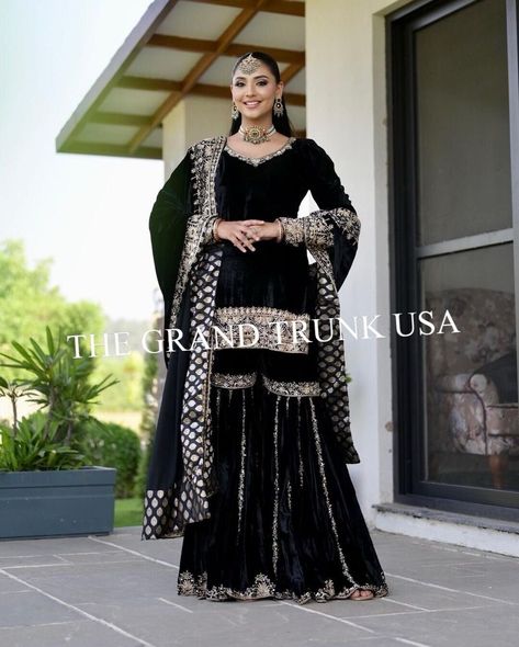 Velvet Sharara Suit, Black Sharara Suit, Velvet Sharara, Pakistani Velvet Suits, Black Sharara, Punjabi Wedding Suit, Velvet Kurta, Gharara Suits, Elevated Casual