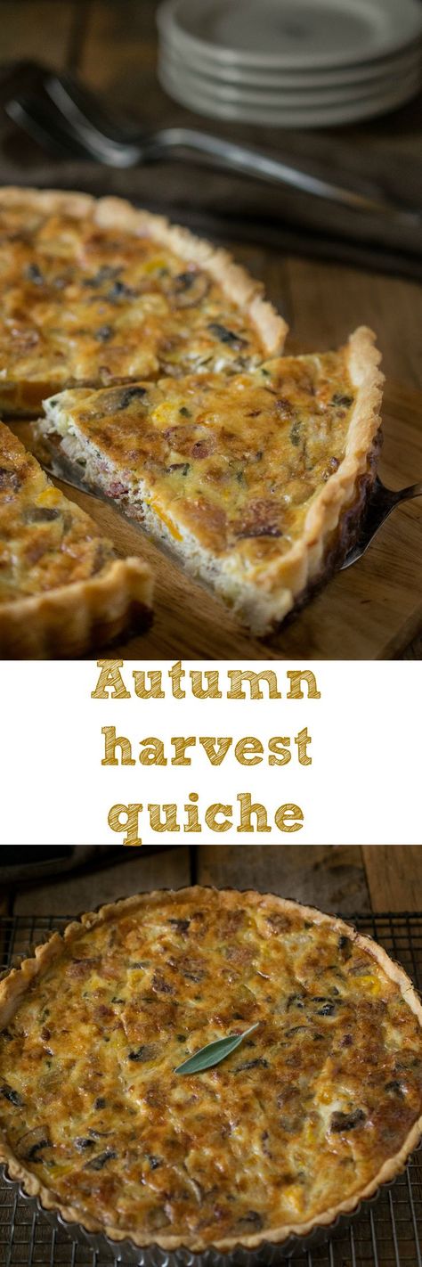 Autumn harvest quiche - Buttery, flaky crust with a mushroom, bacon, butternut squash, leek and sage filling. #autumn #vegetables #fall #quiche Harvest Quiche, Fall Quiche, Butternut Squash Bacon, Autumn Vegetables, Mushroom Bacon, Slow Cooker Desserts, Flaky Crust, Quiche Recipes, Seasonal Ingredients