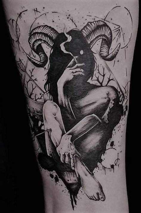 Spooky Tattoos Thigh, Widder Tattoo, Gotik Tattoo, Dark Feminine Tattoos, Satanic Tattoos, Goth Tattoo, Aries Tattoo, Scary Tattoos, More Tattoo