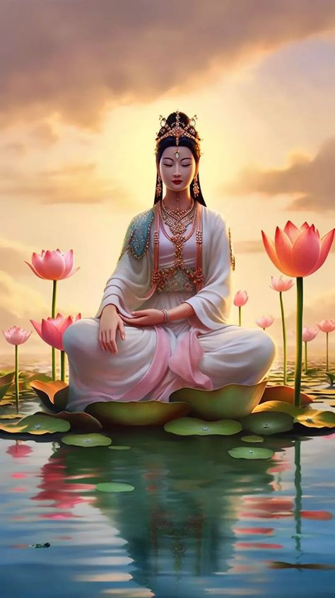 Saraswati Devi, Quan Yin, Lotus Art, Kuan Yin, Beautiful Oil Paintings, Goddess Artwork, Kwan Yin, Spirited Art, Buddha Image