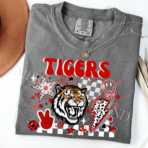 Groovy Theme, Tiger Mascot, Cheer Spirit, Tiger Team, Cheer Shirts, Dalmatian Print, Retro Groovy, Download Button, Dtf Printing