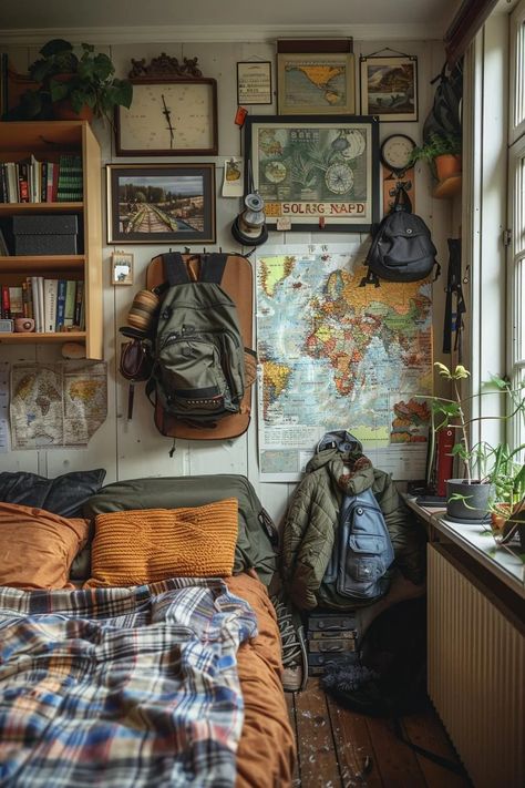 19 Creative Dorm Room Ideas for Guys 28 Adventurer Room Aesthetic, Mountain Aesthetic Room, Retro Aesthetic Bedroom Ideas, Cozy Cabin Home Decor, Granola Interior Design, Creativity Room Ideas, Explorer Aesthetic Room, College Room Decor For Guys, Aesthetic Men’s Dorm Room