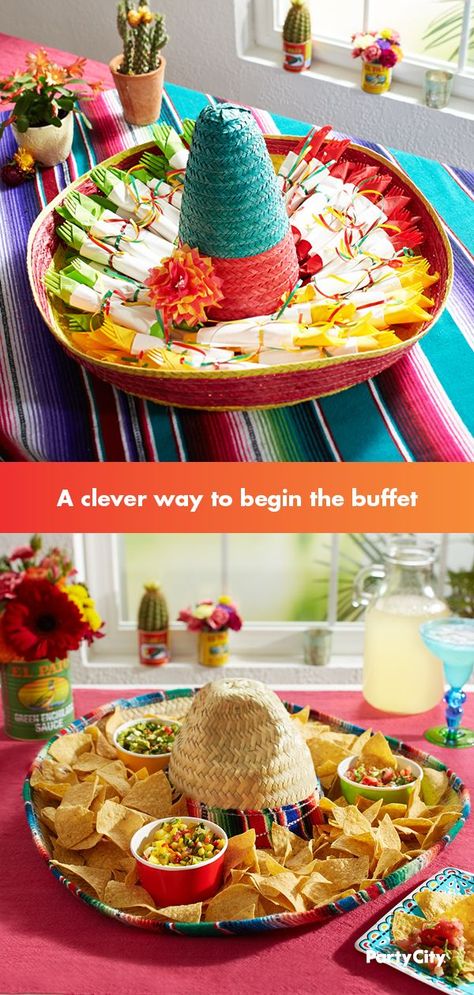 Indoors or out, this idea keeps your cutlery neatly displayed with style. Create these sweet little packets in green, yellow and red by layering colorful and white napkins and tying them off with curling ribbon. Tuck them into a sombrero and add a DIY tissue paper flower to make your Cinco De Mayo buffet table really bloom. Tacobar Party, Taco Bar Party, Mexican Birthday Parties, Mexican Babies, Mexican Party Decorations, Fiesta Bridal Shower, Mexican Fiesta Party, Fiesta Birthday Party, Mexican Birthday