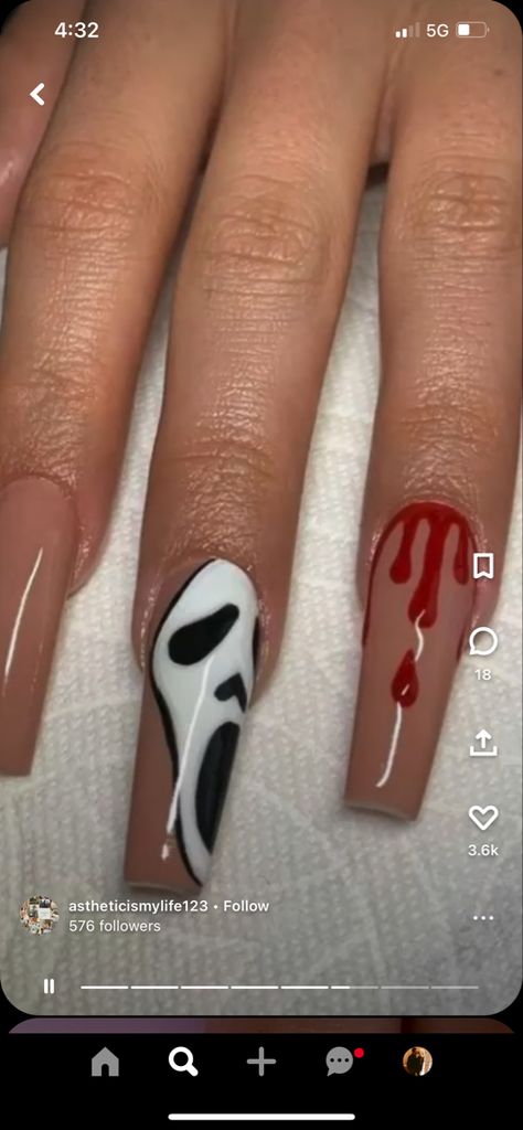 Ghost Face Nails Tutorial, Halloween Blood Nails Design, Nails Acrylic Horror, Halloween Nails Blood Drip, Howlloen Nail, Nail Nail Designs, Acrylic Nails Ideas, Scream Nails, Summer Nails Art