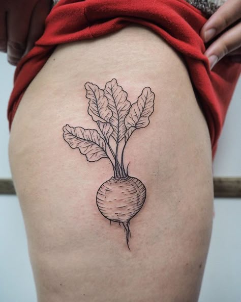 Fruit And Vegetable Tattoo, Beets Tattoo, Turnip Tattoo, Beetroot Tattoo, Ladies With Tattoos, Herbs Drawing, Groovy Tattoo, Vegetable Tattoo, Chinese Lettering