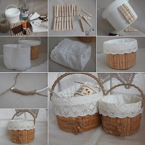 DIY Plastic Container and Clothespins into a Storage Basket Simple Easter Baskets, Toples Kaca, Plastic Buckets, Dollar Store Organizing, Clothes Pin Crafts, Diy Basket, Plastic Containers, Clothespins, Dollar Tree Diy