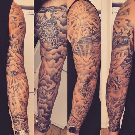 Cloud Tattoo Sleeve, Heaven Tattoos, Maori Tattoos, Arm Tats, Men Tattoos Arm Sleeve, Anchor Tattoos, Cloud Tattoo, Forearm Sleeve Tattoos, Cat Tattoos