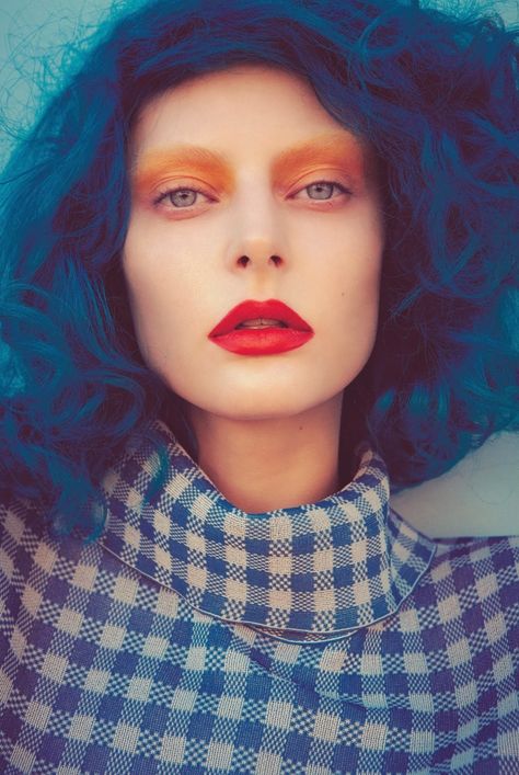 Pink Flamingos: Auguste Abeliunaite By Sofia Sanchez & Mauro Mongiello For Numéro #156 September 2014 Auguste Abeliunaite, Sofia Sanchez, Behind Blue Eyes, Editorial Makeup, Makeup Fashion, Red Lipstick, Beauty Editorial, Retro 70s, Blue Gingham