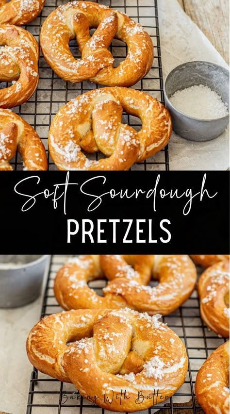 Soft sourdough pretzels are delicious and fun. They are soft and chewy with a shiny golden surface and coarse salt topping. Soft sourdough pretzels are known for their toothsome chew. They are bigger than the snack-sized hard pretzels found at the store. The shape and the sprinkle of coarse salt on top of soft pretzels are the same though. What Should My Sourdough Starter Look Like, Sour Dough Pretzels Recipe, Fall Sour Dough Recipes, Soft Sourdough Pretzels, Sour Dough Discard Pretzels, Homemade Sourdough Pretzels, Recipe With Sourdough Starter, Sourdough Starter Pretzels, Sourdough Discard Pretzel Recipe