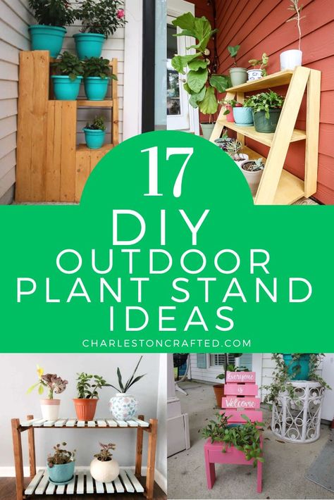 Pallet Board Plant Stand, Diy Corner Plant Stand Outdoor, Front Porch Plant Stands, Diy Tall Plant Stand Outdoor, Outdoor Plant Stands Patio, Diy Plant Stand With Wheels, Diy Planter Stands Outdoor, Diy Outside Plant Stand, Outdoor Plant Shelf Ideas Patio